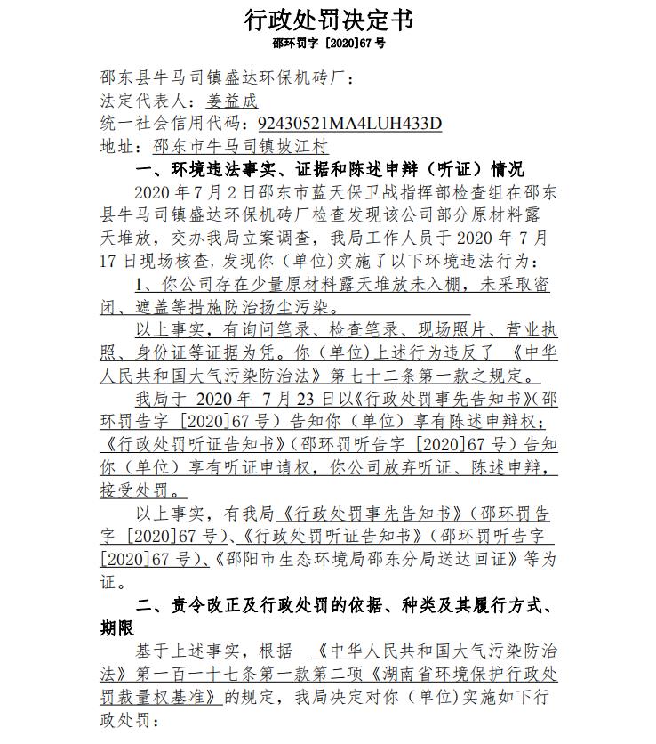 行政处罚决定书邵环罚字 [2020]67号(图1)