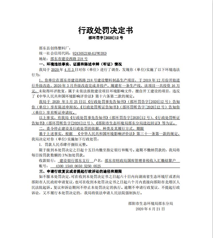行政处罚决定书邵环罚字[2020]12号(图1)