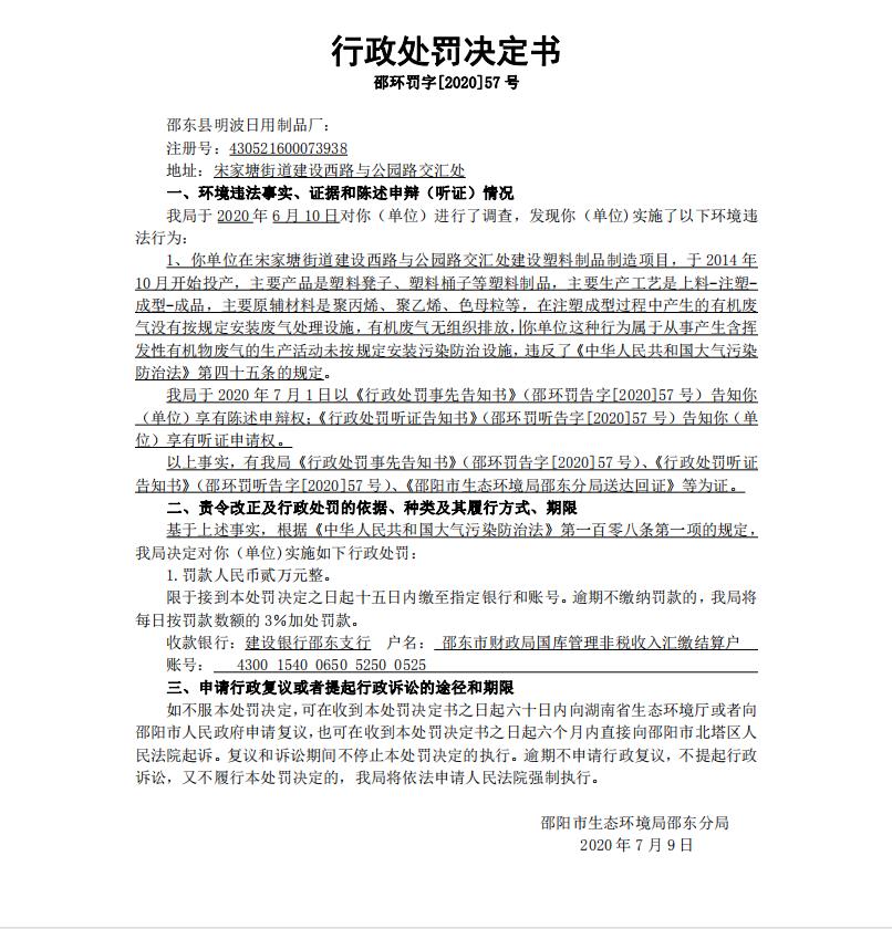 行政处罚决定书邵环罚字[2020]57号(图1)