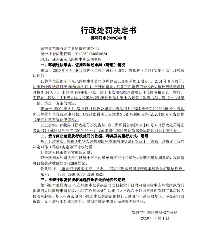行政处罚决定书邵环罚字[2020]49号(图1)