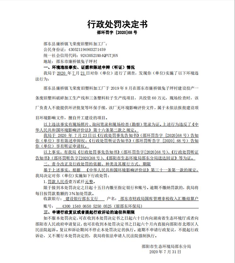 行政处罚决定书邵环罚字 [2020]68 号(图1)