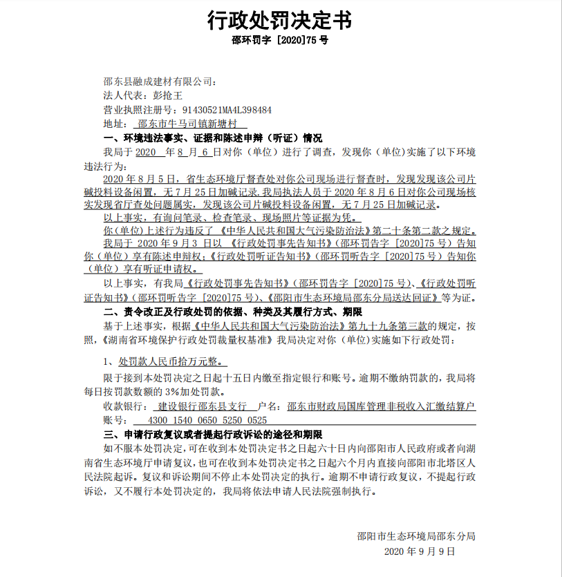 行政处罚决定书 邵环罚字 [2020]75 号(图1)