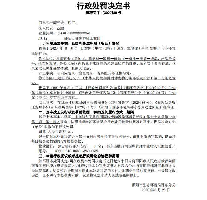 行政处罚决定书邵环罚字 [2020]80号(图1)