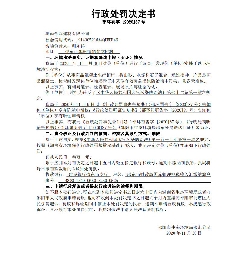 行政处罚决定书邵环罚字 [2020]87号(图1)